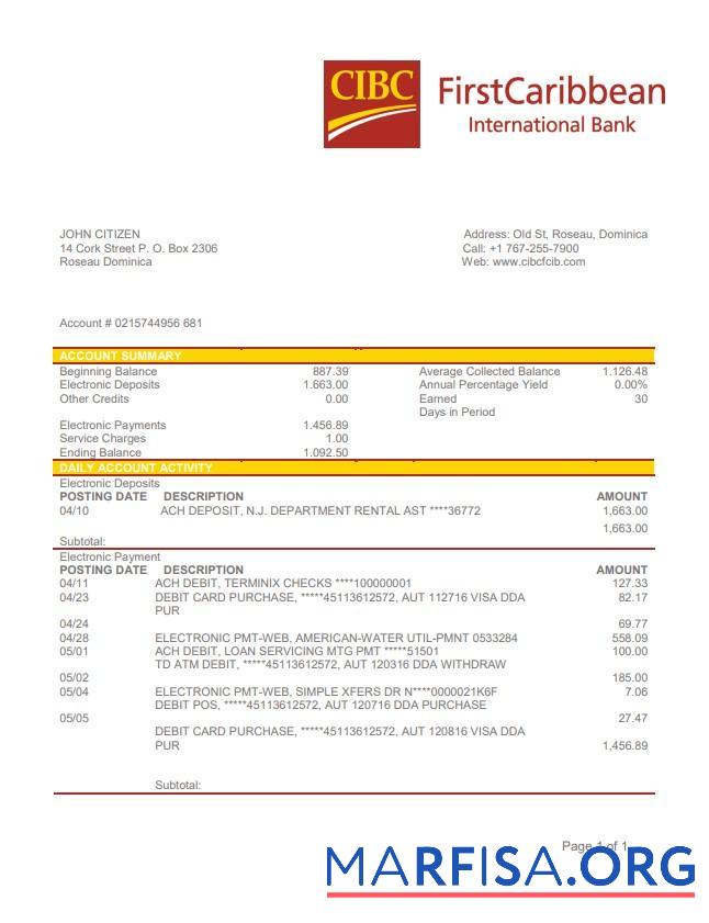 Blank Dominica CIBC First Caribbean International bank statement word sample